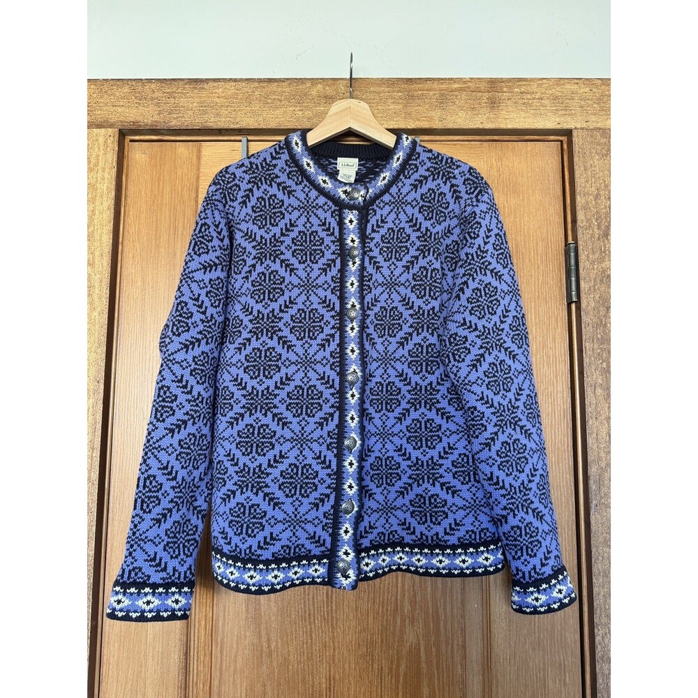LL Bean Womens M Merino Wool Nordic Cardigan Sweater Purple Fair Isle